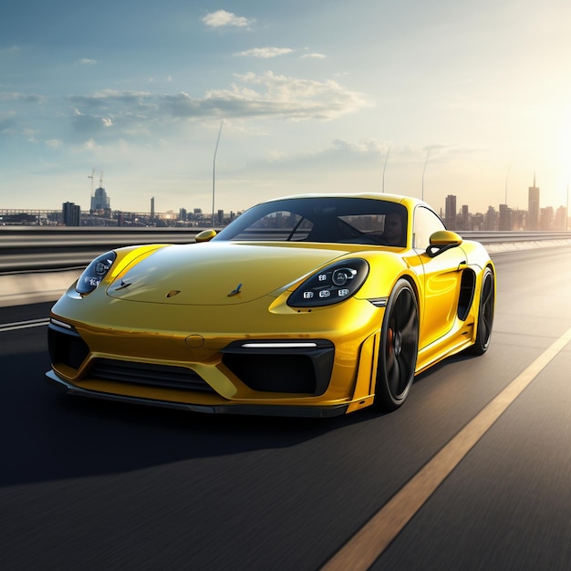 yellow sports car is moving along the road and sunset in background