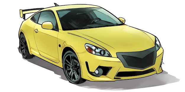 A yellow sports car with a flat top on a white background with a shadow AI