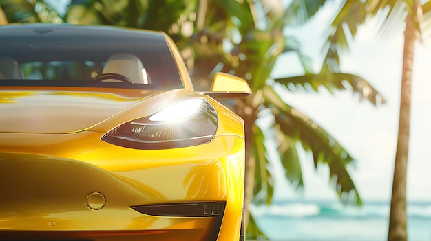 a yellow sports car with the logo for the brand name