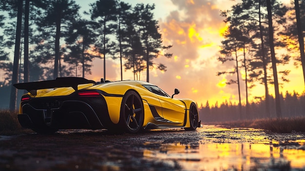 Photo a yellow sports car with a sunset in the background