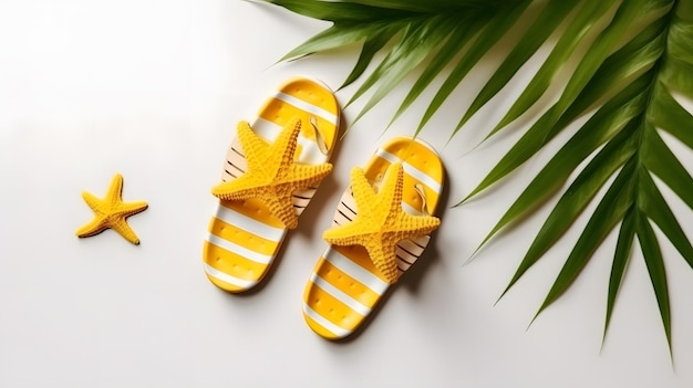 A yellow starfish sandals with a green palm leaf next to it.