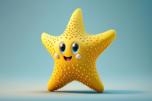 A yellow starfish with a smiling face and a blue background.