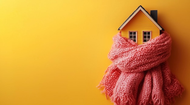 Yellow statuette of a house wrapped in a pink scarf on a yellow background with space for text creat