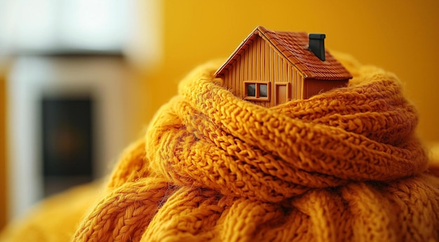 Photo yellow statuette of a house wrapped in a yellow scarf on a yellow background with space for text created with generative ai technology