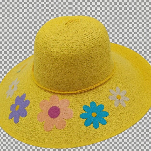 Photo a yellow straw hat with flowers on it and a yellow hat