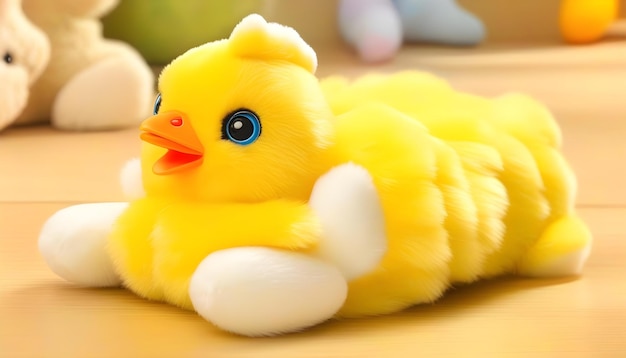 A yellow stuffed animal chicken wearing white bunny slippers