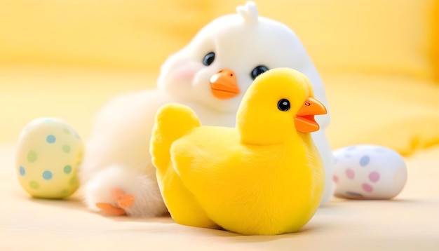 A yellow stuffed animal chicken wearing white bunny slippers