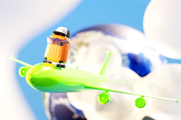 Yellow suitcase in a cap and sunglasses on a green plane to fly on vacation Travel concept 3d rendering