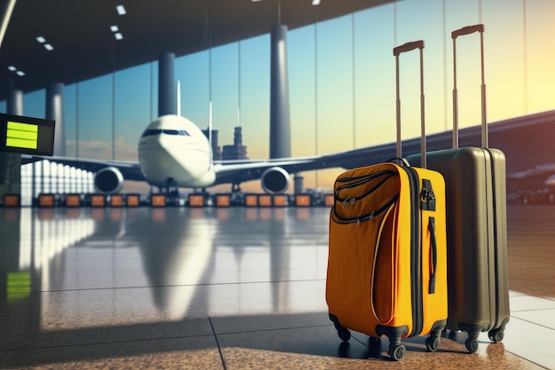 A yellow suitcase is in an airport with a plane in the background.