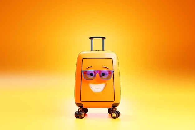 Yellow suitcase or luggage in colorful glasses on a yellow background 3D rendering of the concept of summer holidays and holidays