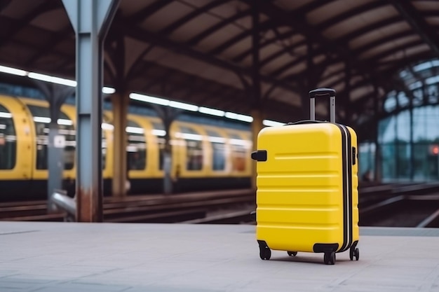 A yellow suitcase sits on a platform in front of a train