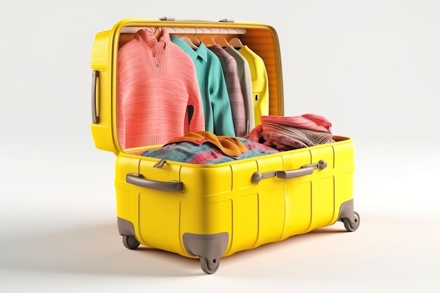 Yellow suitcase on wheels for tourism travel Multicolored clothes on hangers hangers AI generated