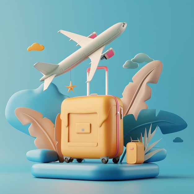 Yellow Suitcase with Flying Airplane D Travel Icon Concept Optimized ISO PNG