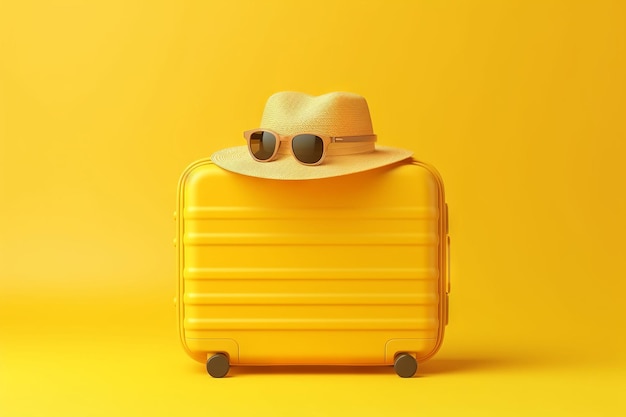 Yellow suitcase with a hat on it and sunglasses on a yellow background.