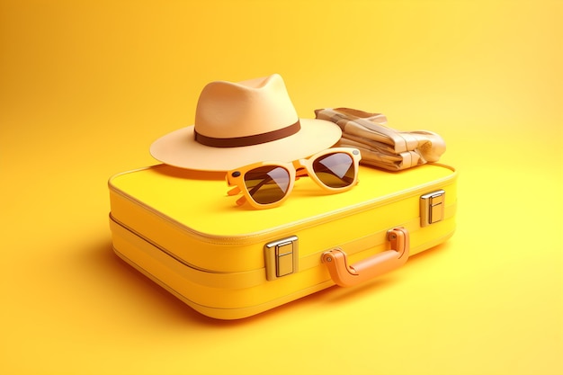 A yellow suitcase with a hat and sunglasses on it