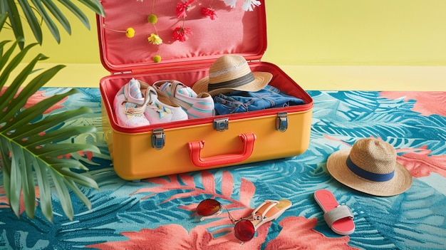 Photo a yellow suitcase with a hat sunglasses and a pair of sunglasses