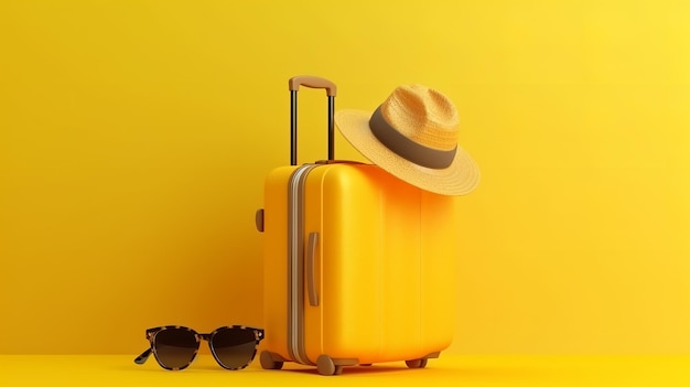 Yellow suitcase with a hat and sunglasses on a yellow background