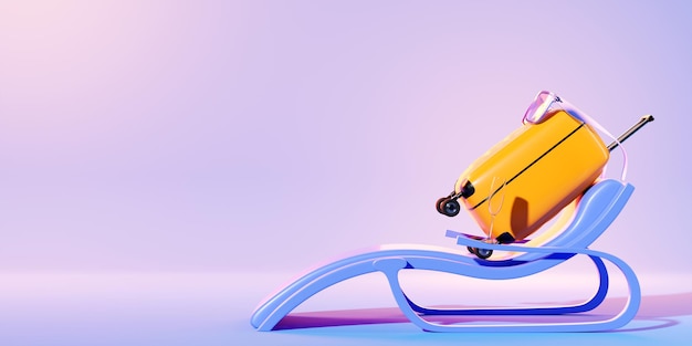 A yellow suitcase with multicolored glasses is resting on a sun lounger on vacation on a blue background 3d rendering The concept of an adventure vacation at sea