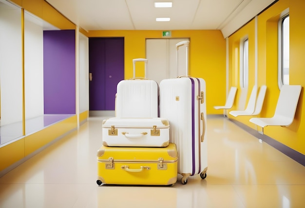 Photo a yellow suitcase with purple and purple stripes is in a hallway with purple doors