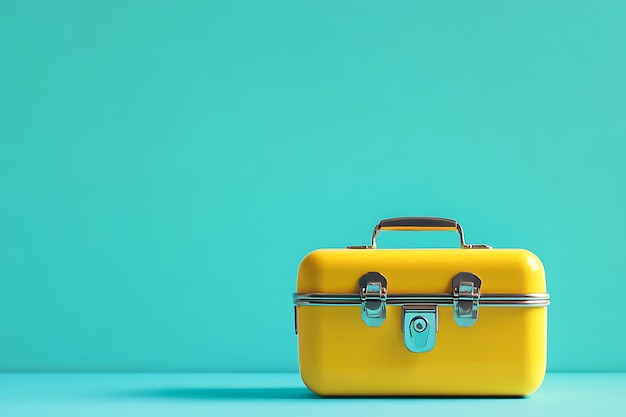 Photo yellow suitcase with silver hardware on a turquoise background