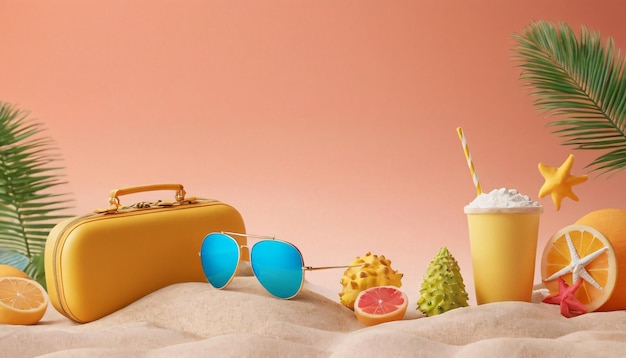 a yellow suitcase with sunglasses and a drink in the sand