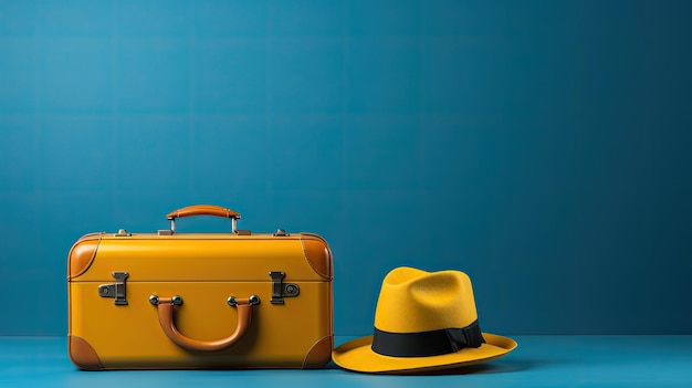 A yellow suitcase with two handles and a yellow hat on a blue background