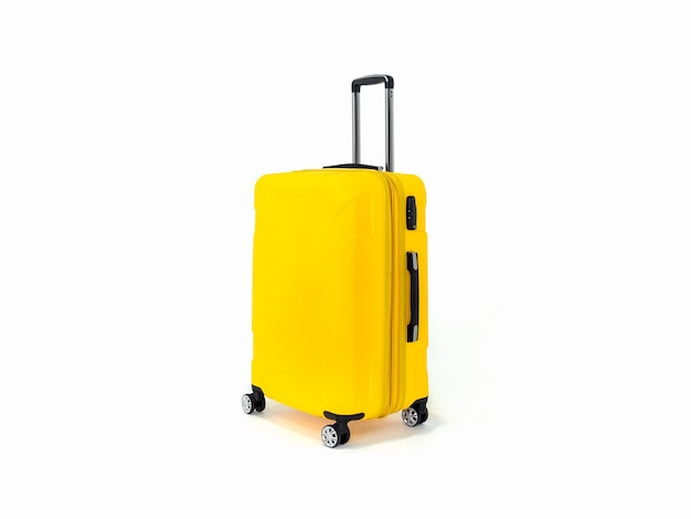 Yellow suitcase or yellow luggage for travelling on white.