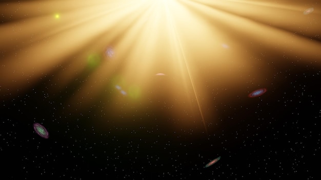 Yellow sun light beam with mixed  colorful spiral galaxy and star field in background (3D Rendering)