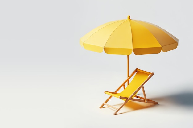 Yellow sun lounger with sun umbrella minimal 3d style white background Summer travel and holidays