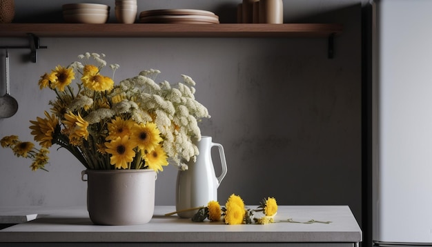 Yellow sunflower brightens up modern rustic kitchen generated by AI