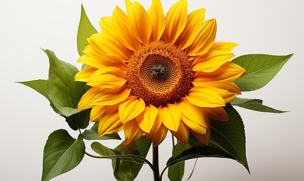 Yellow Sunflower With Green Leaves on White Background