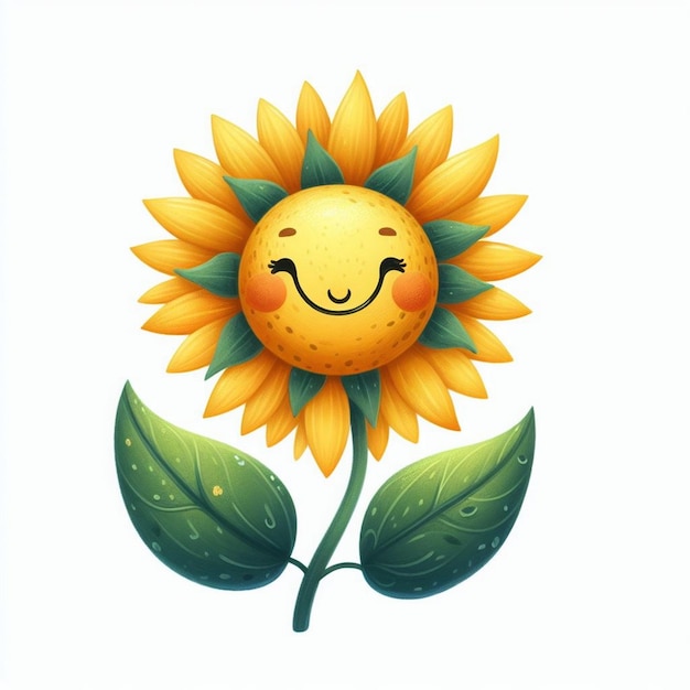 a yellow sunflower with a smiling face and leaves