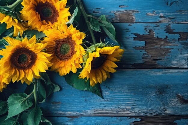 Yellow sunflowers on blue rustic wooden background generative AI