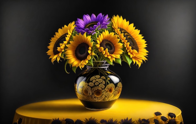 yellow sunflowers and purple flowers on a table top next to a black background