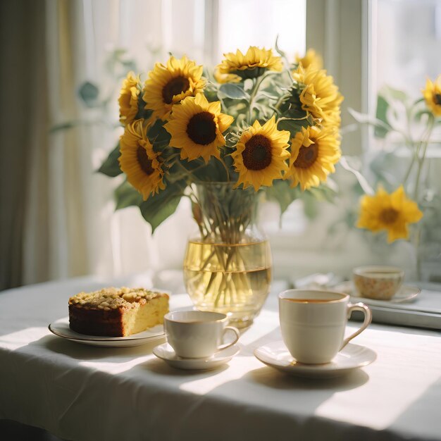 yellow sunflowers in a vase and a slice of cake