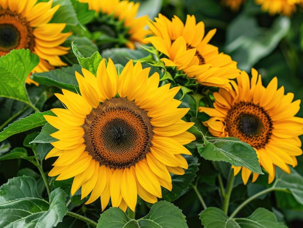 Photo yellow sunflowers with green leaves