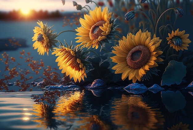 Yellow sunflowers with reflection in water excellent summer flowers background generative ai