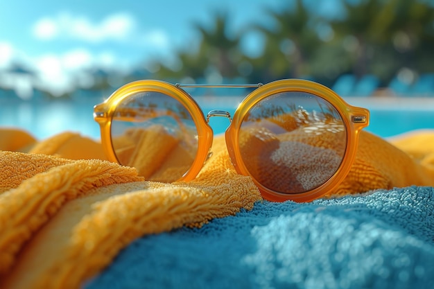 Yellow sunglasses on towel