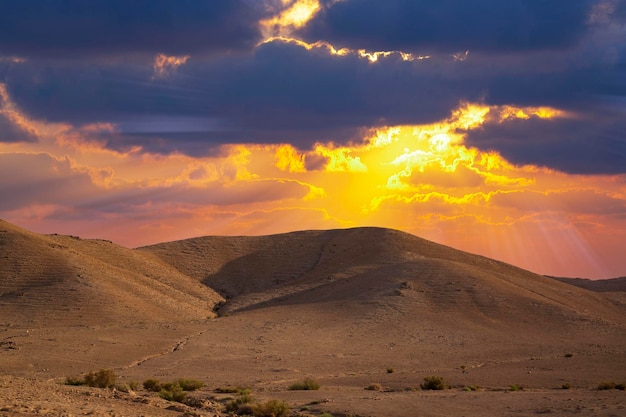 Yellow sunset in the desert and sun rays spreading Beautiful dramatic clouds on gold sky Golden sand dunes in desert in Judean desert Israel Sunny sky over cliffs mountains Sodom and Gomorrah