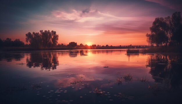 Photo yellow sunset reflects on tranquil water horizon glows generated by ai