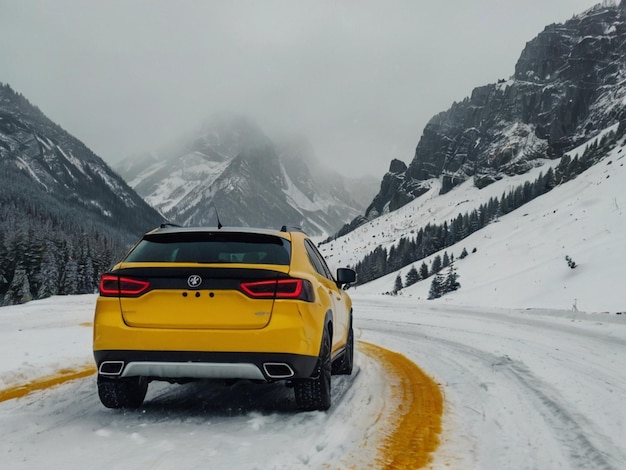 A yellow super sports car with a beautiful landscape on snowy mountains Created by AI