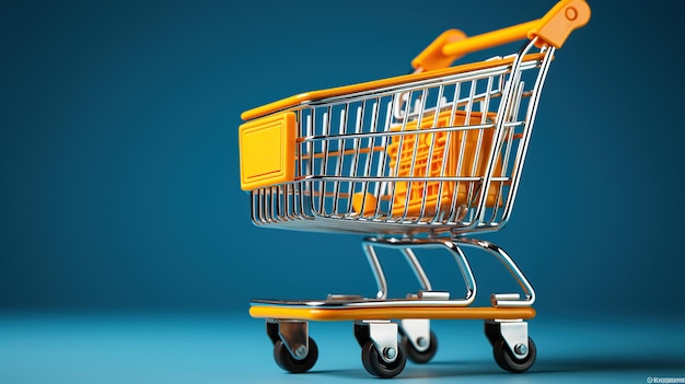 A yellow supermarket trolley stands out against a vibrant blue background making it an eyecatching visual