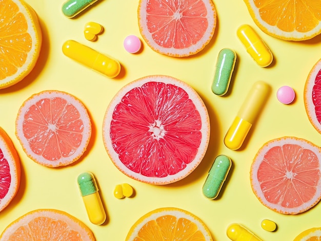 Photo a yellow surface with different types of fruits and vegetables