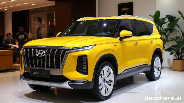 a yellow suv is displayed in a museum