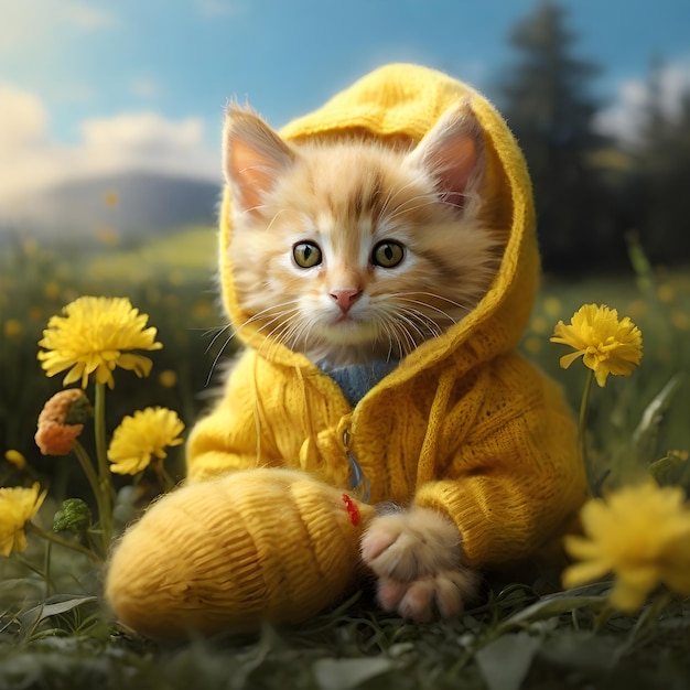 Yellow Sweater Cat with Yellow Flowers Backdrop