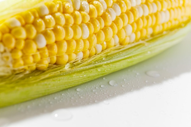 Yellow sweet Corn Cob with leaves Closeup wet