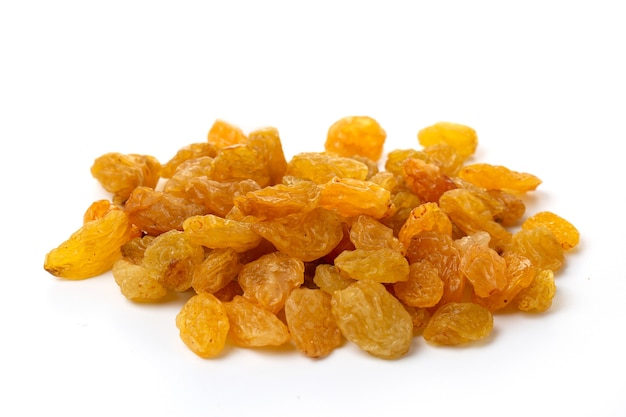 Yellow sweet raisins dried grapes isolated on white background