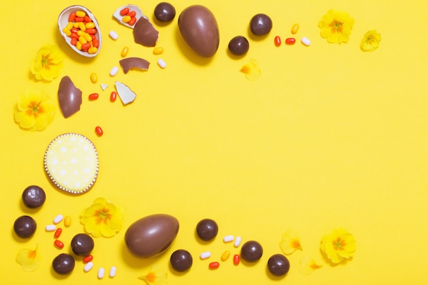 Yellow table with chocolate eggs