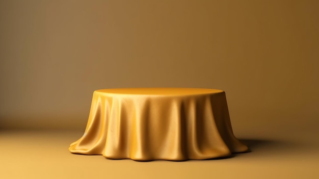 A yellow table with a gold cloth on it