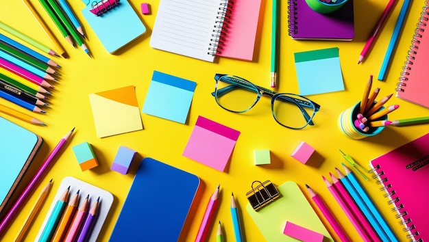 a yellow table with many colored pencils paper and other office supplies